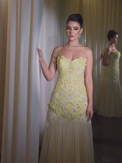 Luxury Yellow Strapless Beaded Longline Corset A-Line Dress LA73867