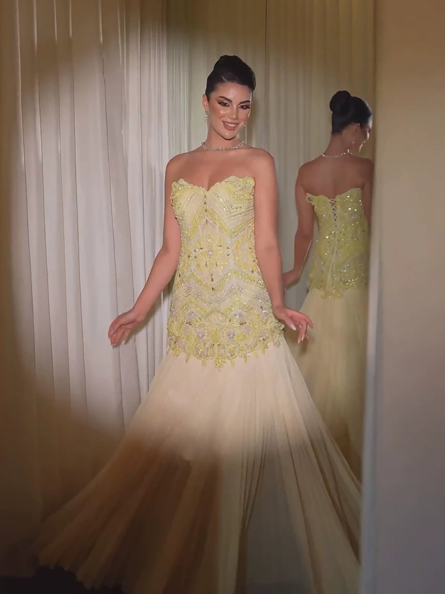 Luxury Yellow Strapless Beaded Longline Corset A-Line Dress LA73867