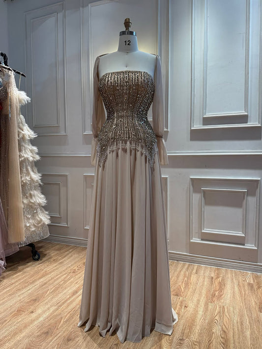 Nude Strapless Beaded Tassels Bodice Evening Dress with Chiffon Skirt LA73871
