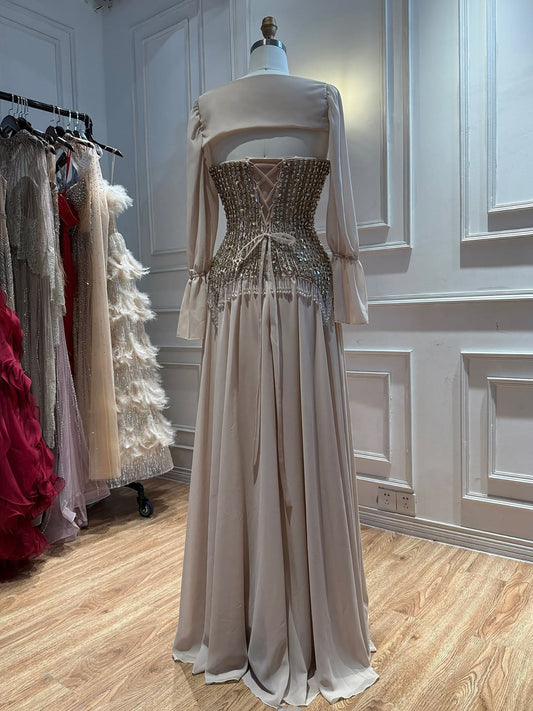 Nude Strapless Beaded Tassels Bodice Evening Dress with Chiffon Skirt LA73871