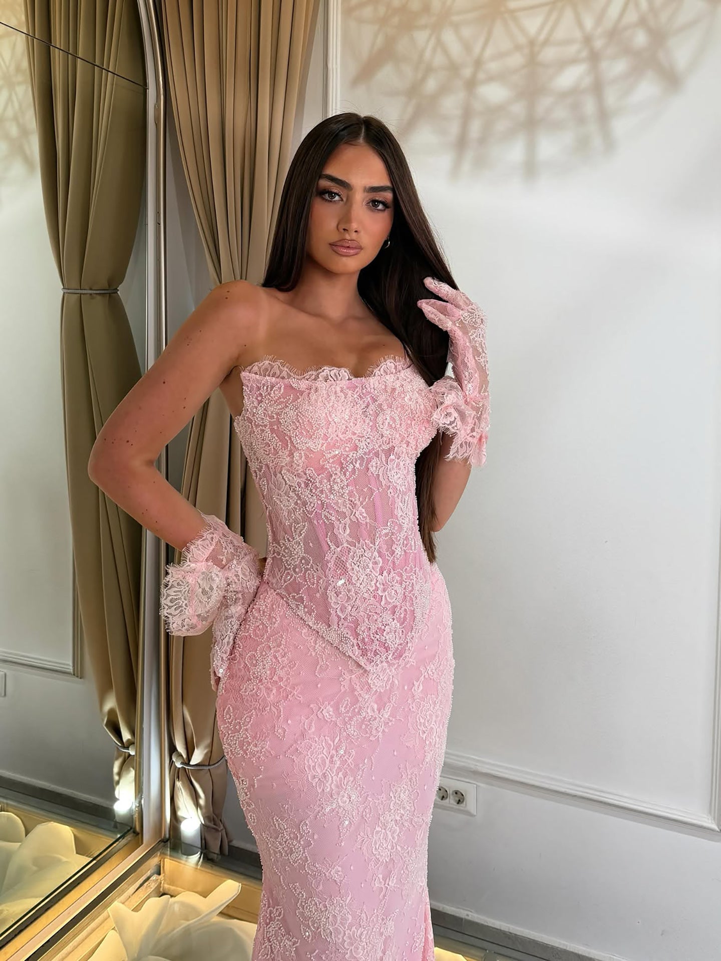 Luxury Pink Lace Beaded Strapless Mermaid Evening Dress LA73875