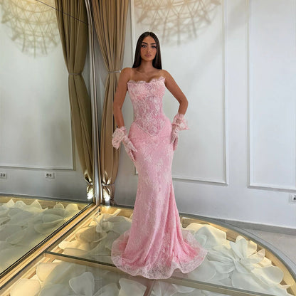 Luxury Pink Lace Beaded Strapless Mermaid Evening Dress LA73875