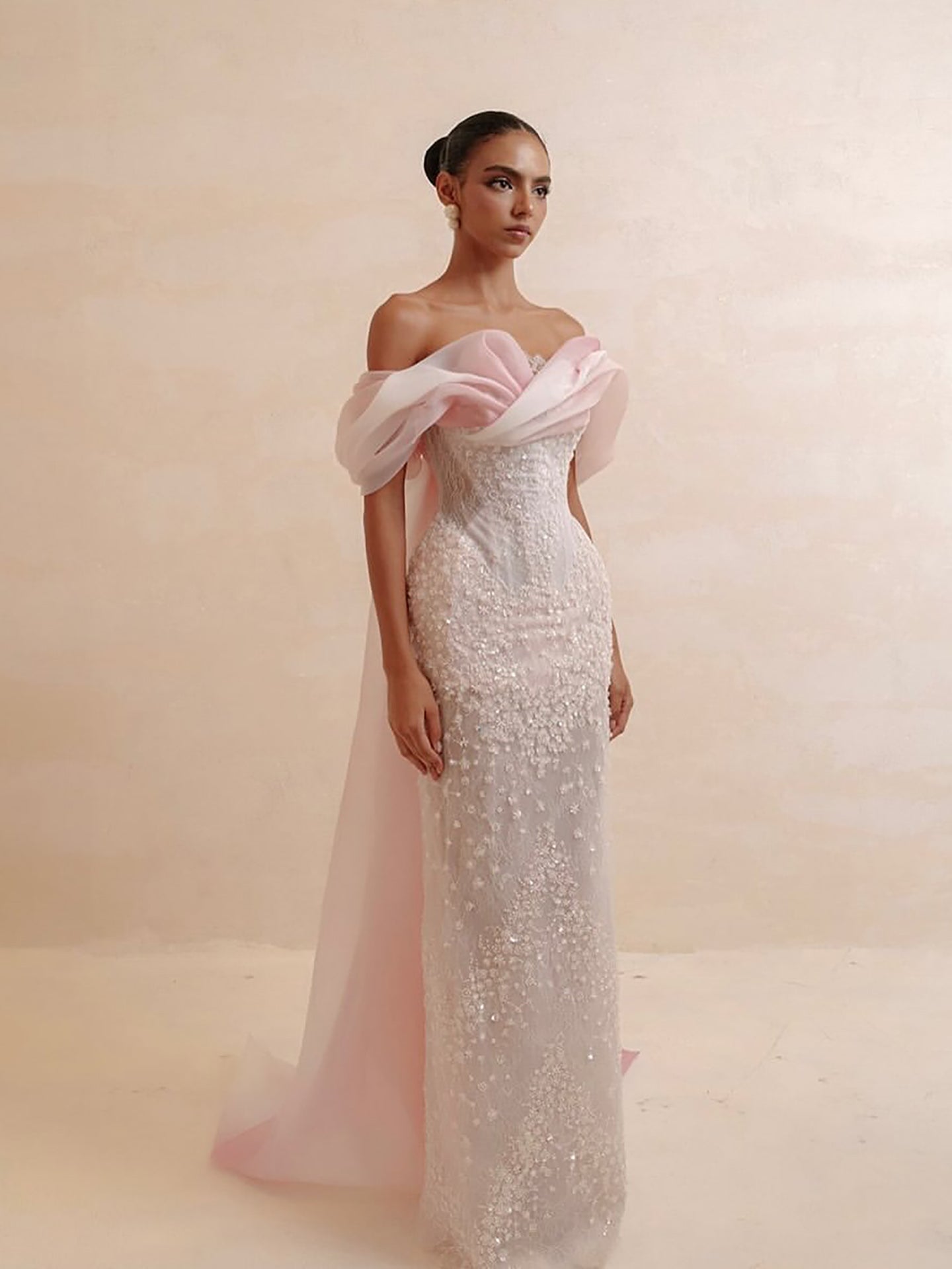 Luxury Pink Off the Shoulder Beaded Mermaid Evening Dress LA73877