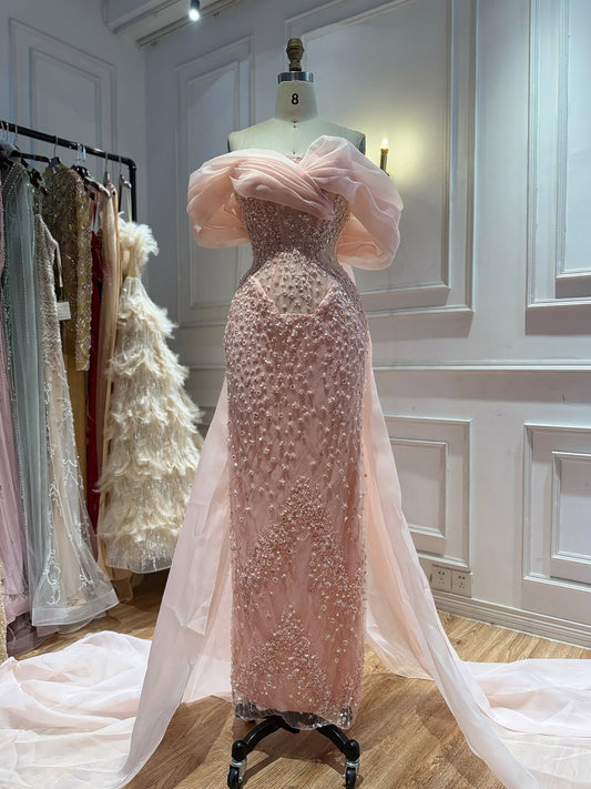 Soft Pink Off-the-Shoulder Beaded Evening Dress LA73877