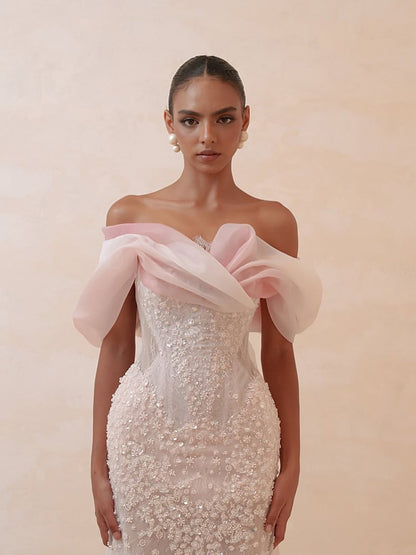 Luxury Pink Off the Shoulder Beaded Mermaid Evening Dress LA73877