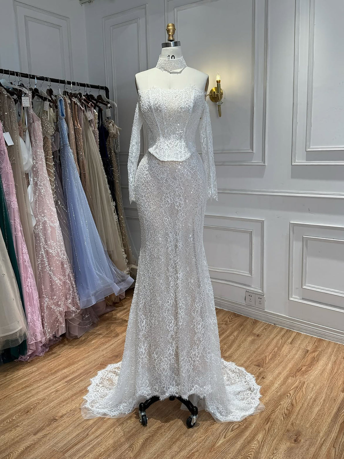 Luxury White Off the Shoulder Beaded Lace Mermaid Bridal Gown LA73878