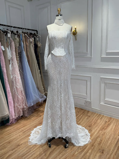Luxury White Off the Shoulder Beaded Lace Mermaid Bridal Gown LA73878