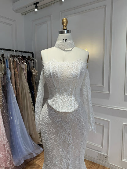 Luxury White Off the Shoulder Beaded Lace Mermaid Bridal Gown LA73878