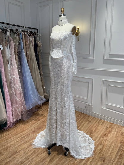 Luxury White Off the Shoulder Beaded Lace Mermaid Bridal Gown LA73878