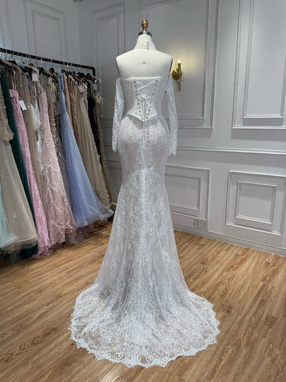 Luxury White Off the Shoulder Beaded Lace Mermaid Bridal Gown LA73878