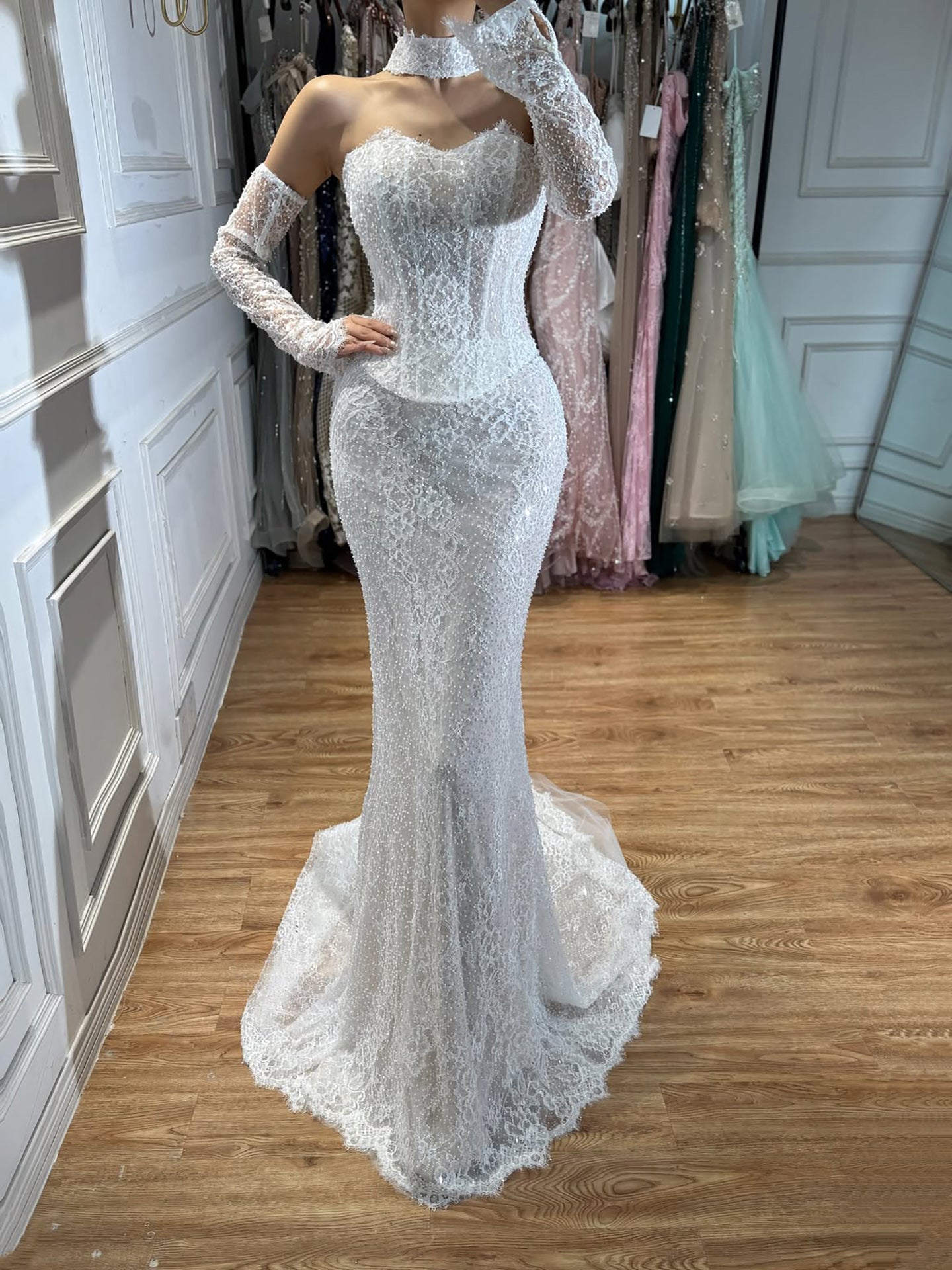 Luxury White Off the Shoulder Beaded Lace Mermaid Bridal Gown LA73878