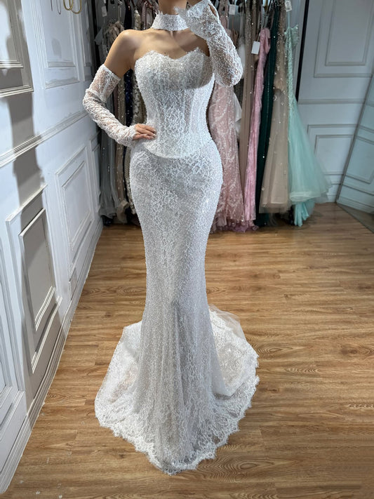 Luxury White Off the Shoulder Beaded Lace Mermaid Bridal Gown LA73878