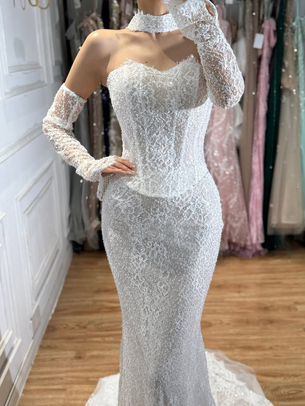 Luxury White Off the Shoulder Beaded Lace Mermaid Bridal Gown LA73878