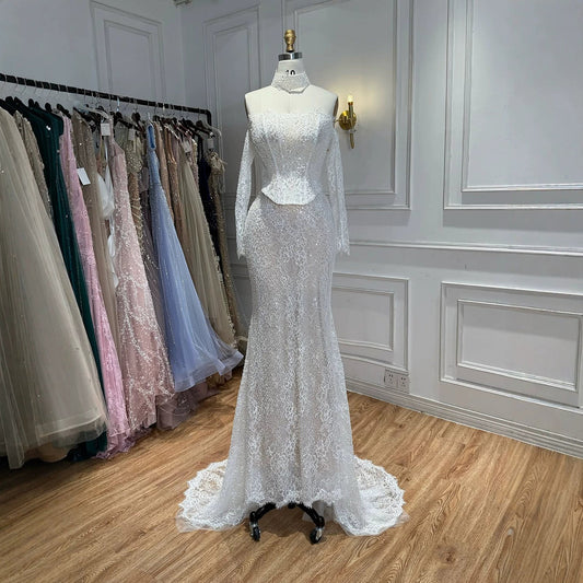 Luxury White Off the Shoulder Beaded Lace Mermaid Bridal Gown LA73878
