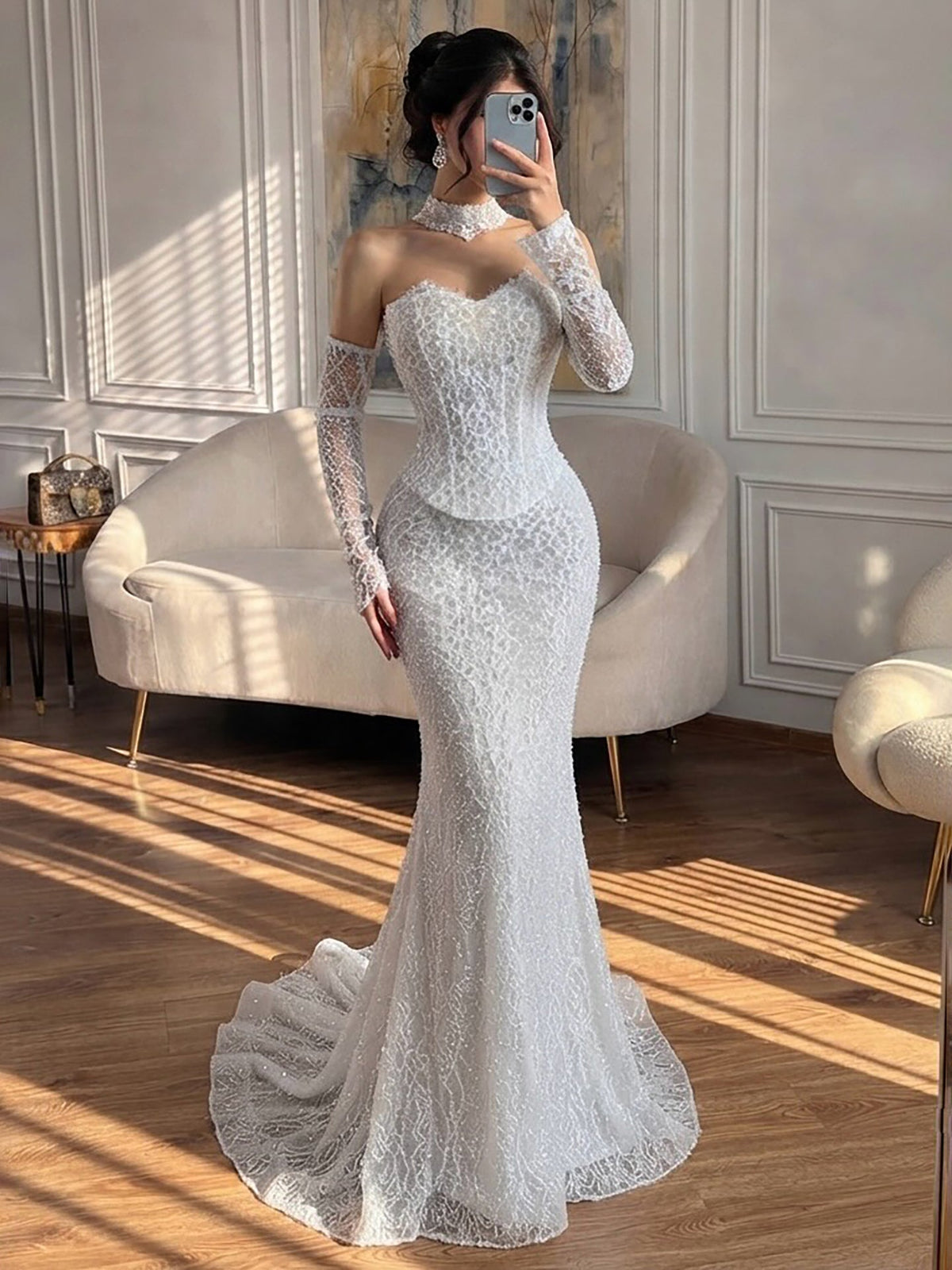 Luxury White Off the Shoulder Beaded Lace Mermaid Bridal Gown LA73878
