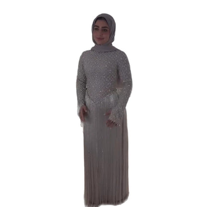 Luxury Silver High Neck Crystal Beaded Fringe Evening Dress LA73879