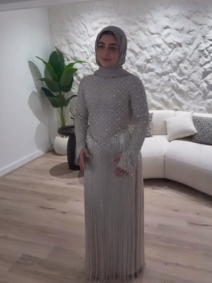 Luxury Silver High Neck Crystal Beaded Fringe Evening Dress LA73879