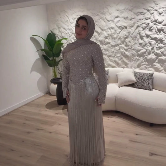 Luxury Silver High Neck Crystal Beaded Fringe Evening Dress LA73879