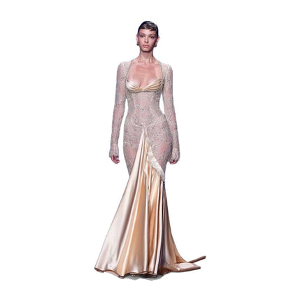 Luxury Champagne Long Sleeves Beaded Satin Mermaid Evening Dress LA73881