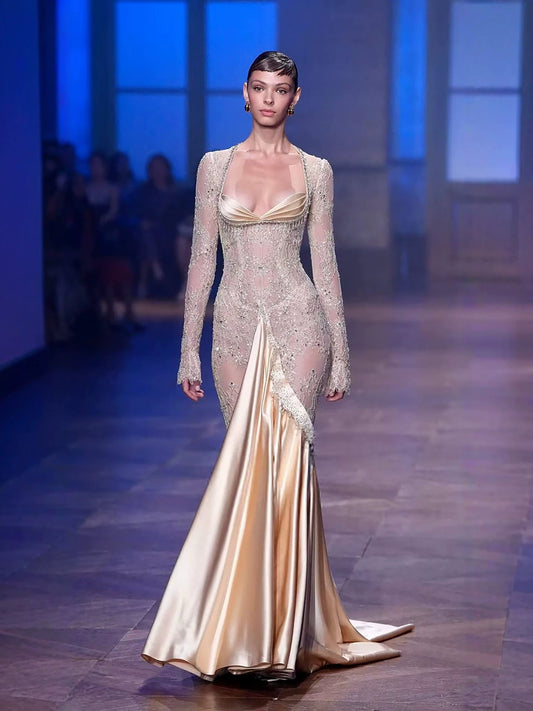 Luxury Champagne Long Sleeves Beaded Satin Mermaid Evening Dress LA73881