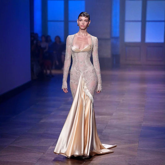 Luxury Champagne Long Sleeves Beaded Satin Mermaid Evening Dress LA73881