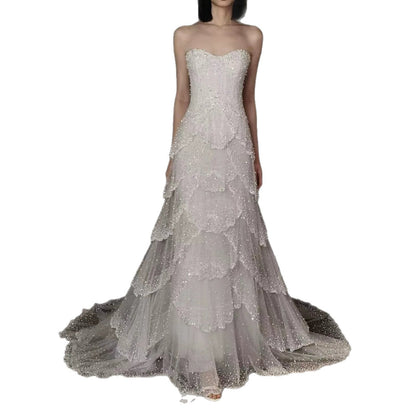 Luxury White Strapless Beaded Tiered Mermaid Wedding Dress LA73883
