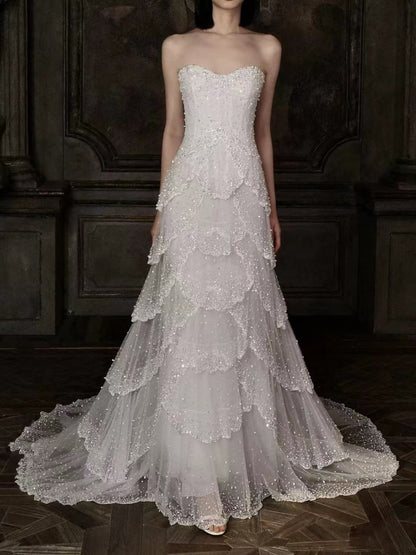 Luxury White Strapless Beaded Tiered Mermaid Wedding Dress LA73883