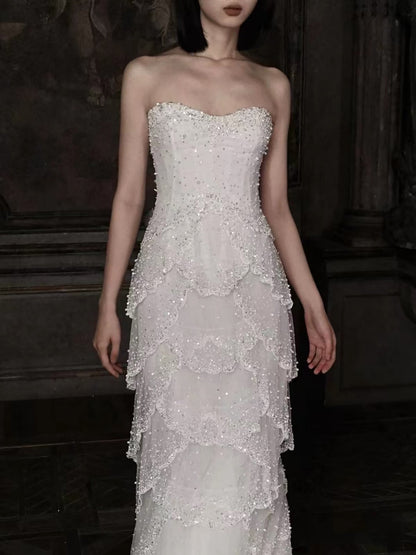 Luxury White Strapless Beaded Tiered Mermaid Wedding Dress LA73883