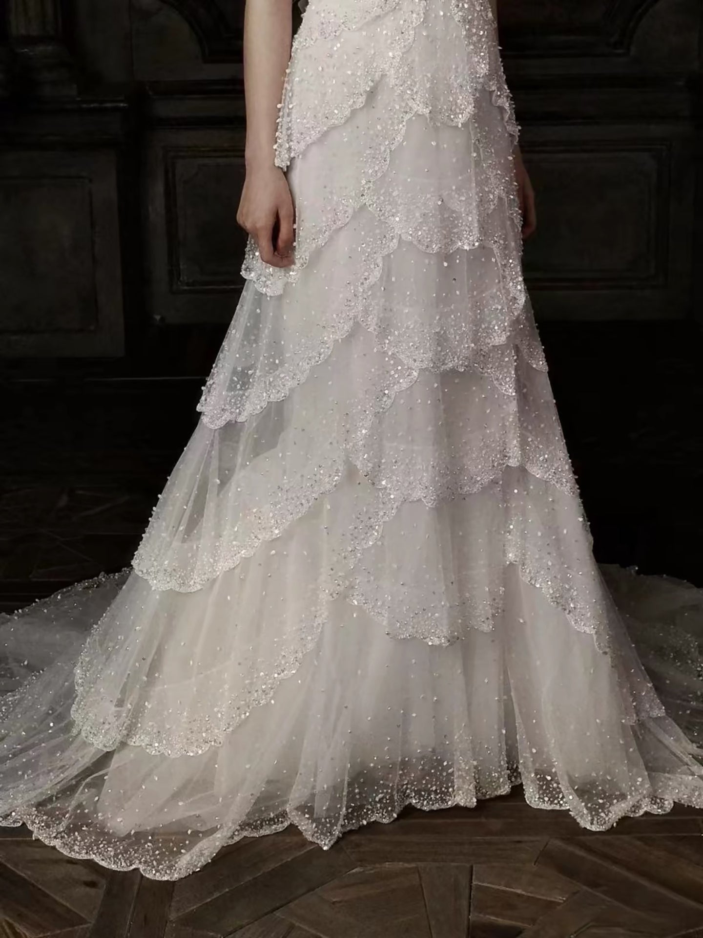 Luxury White Strapless Beaded Tiered Mermaid Wedding Dress LA73883