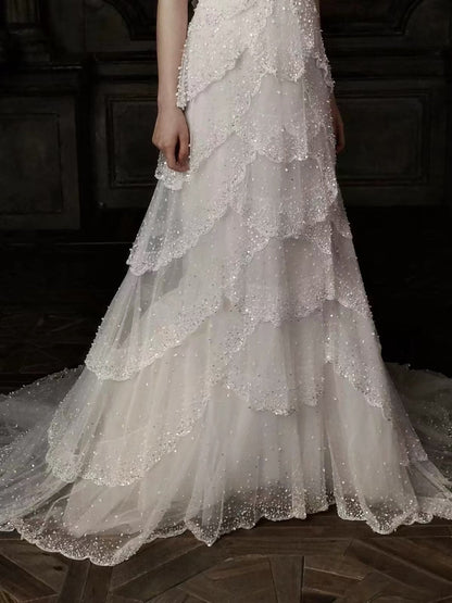Luxury White Strapless Beaded Tiered Mermaid Wedding Dress LA73883