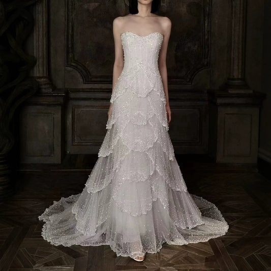 Luxury White Strapless Beaded Tiered Mermaid Wedding Dress LA73883