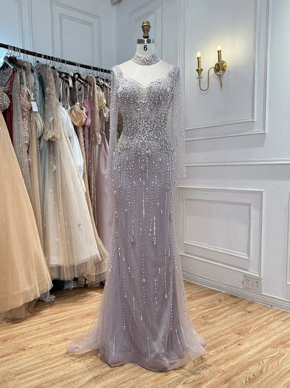 Luxury Gray Nude Pearls Beaded Mermaid Evening Dress Overskirt LA73884