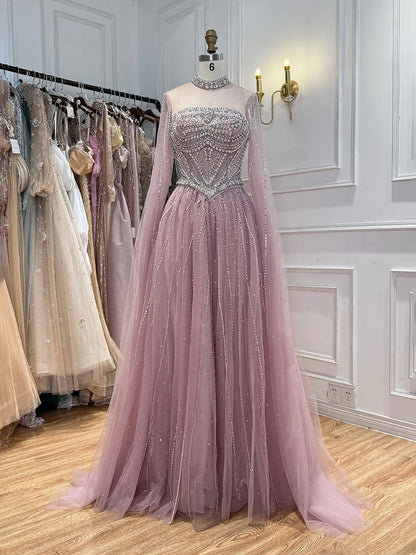 Luxury Pink High Neck Crystal Beaded A Line Evening Dress LA73885