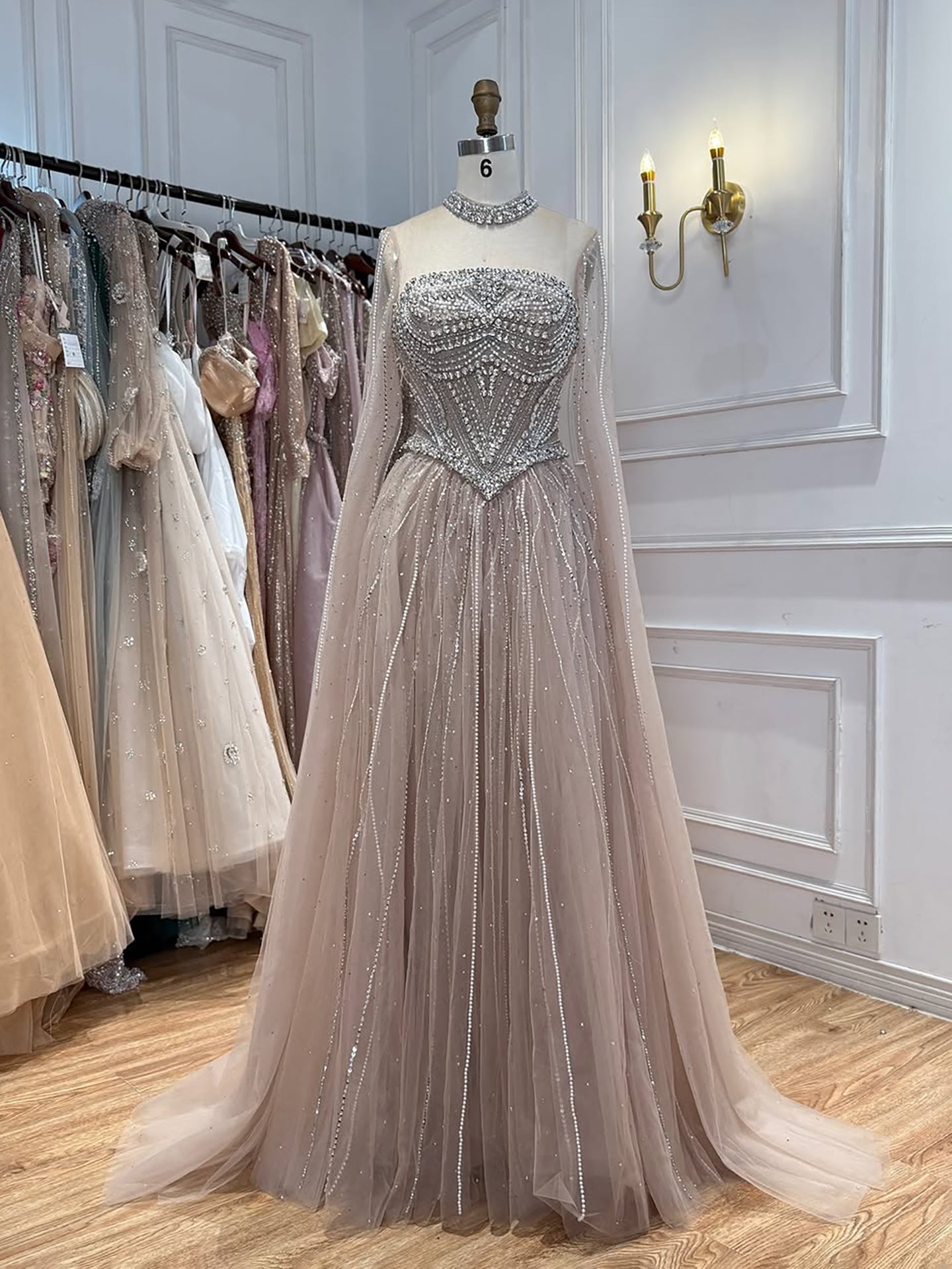 Luxury Pink High Neck Crystal Beaded A Line Evening Dress LA73885
