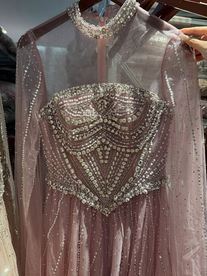 Luxury Pink High Neck Crystal Beaded A Line Evening Dress LA73885