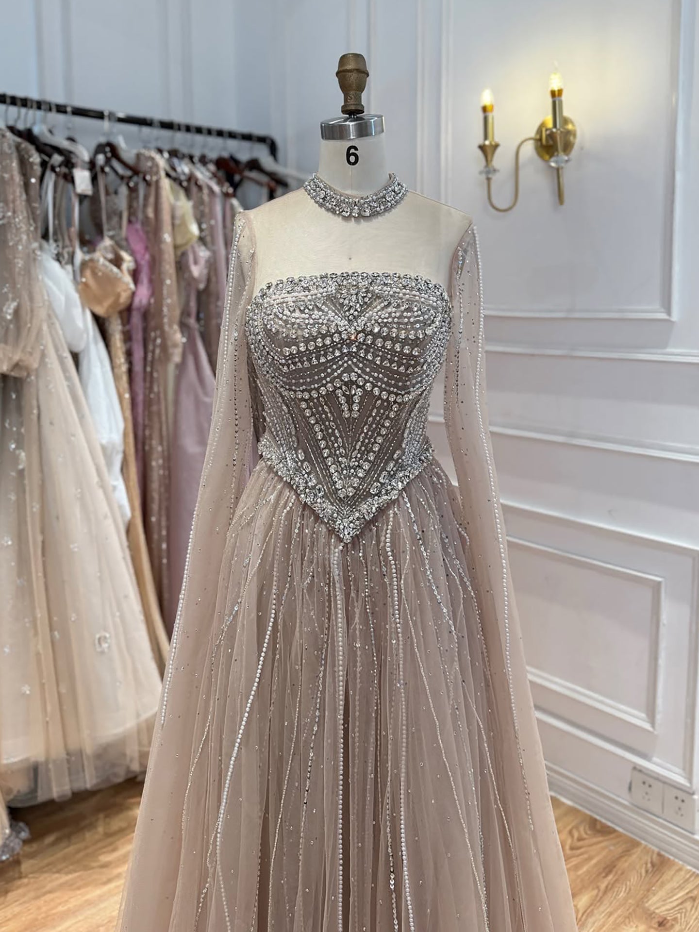 Luxury Pink High Neck Crystal Beaded A Line Evening Dress LA73885