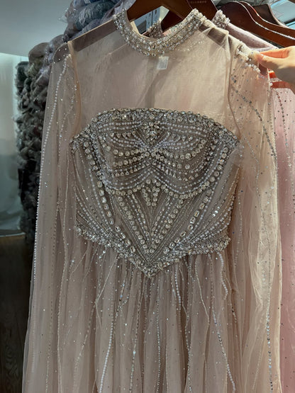 Luxury Pink High Neck Crystal Beaded A Line Evening Dress LA73885