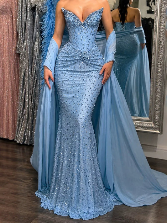 Luxury Blue Sweetheart Beaded Mermaid Evening Dress LA73886