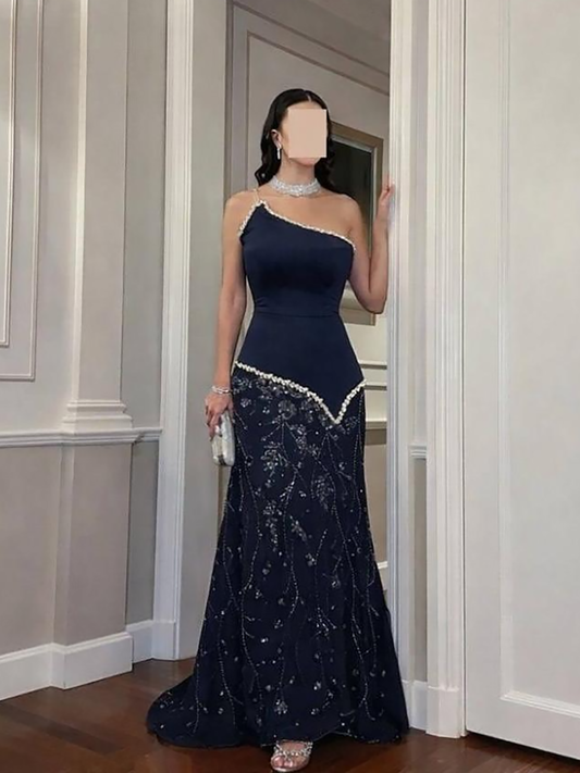 Luxury Navy Blue One Shoulder Pearl Beaded Mermaid Evening Dress LA73888