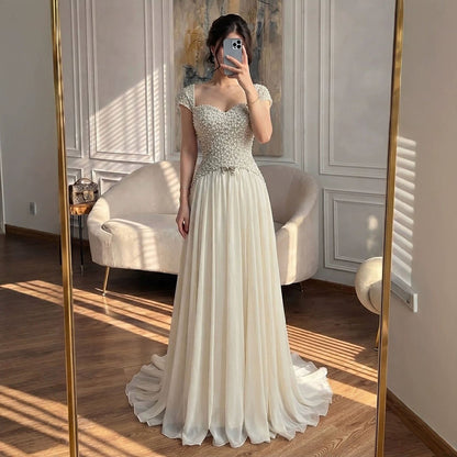 Luxury Beige Pearls Beaded Cap Sleeves A-Line Evening Dress LA73893