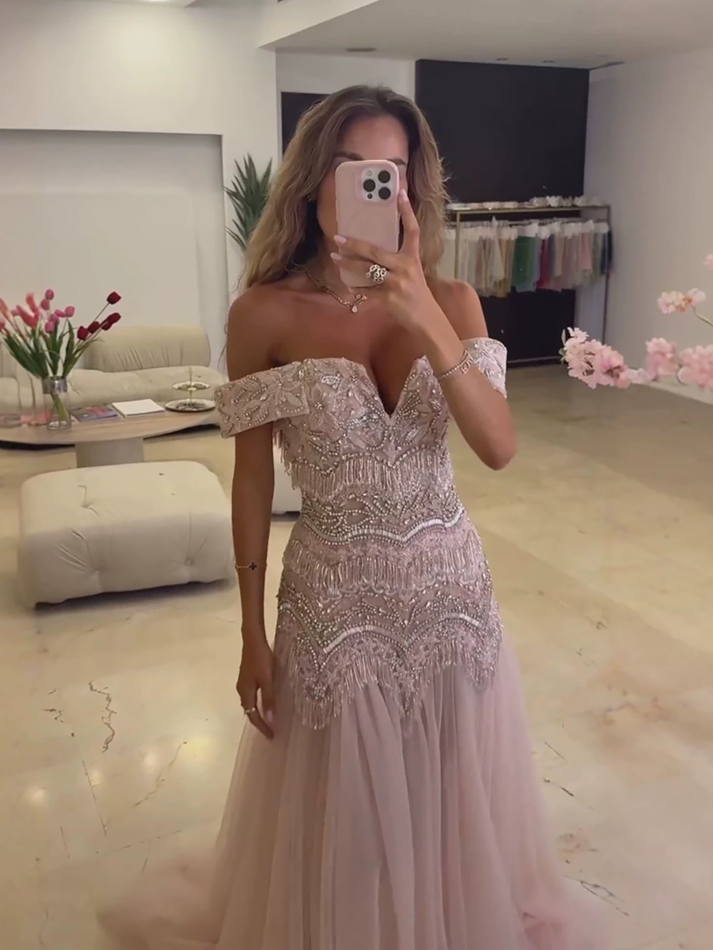 Luxury Pink Off the Shoulder Beaded Tassel A Line Evening Dress LA73894