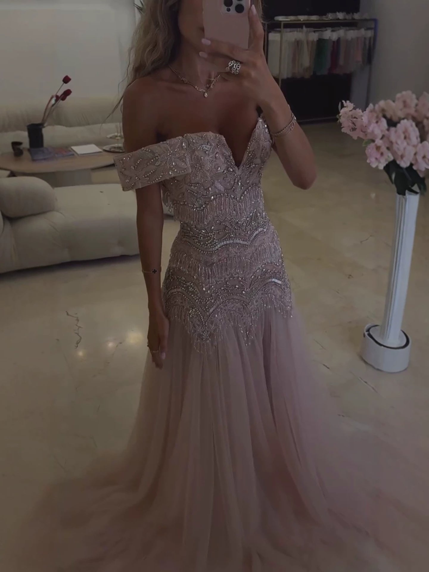 Luxury Pink Off the Shoulder Beaded Tassel A Line Evening Dress LA73894