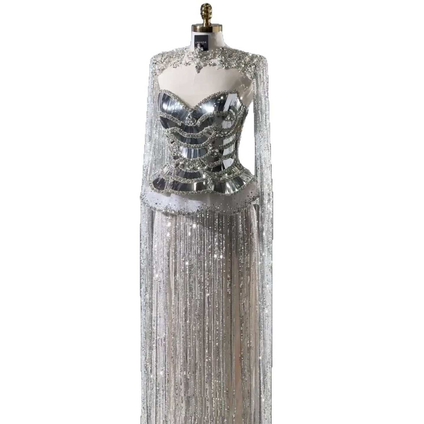 Luxury Silver High Neck Beaded Tassel Cape Evening Dress LA73896