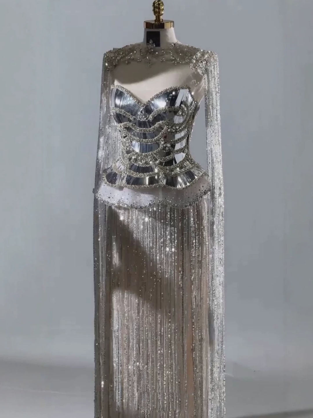 Luxury Silver High Neck Beaded Tassel Cape Evening Dress LA73896