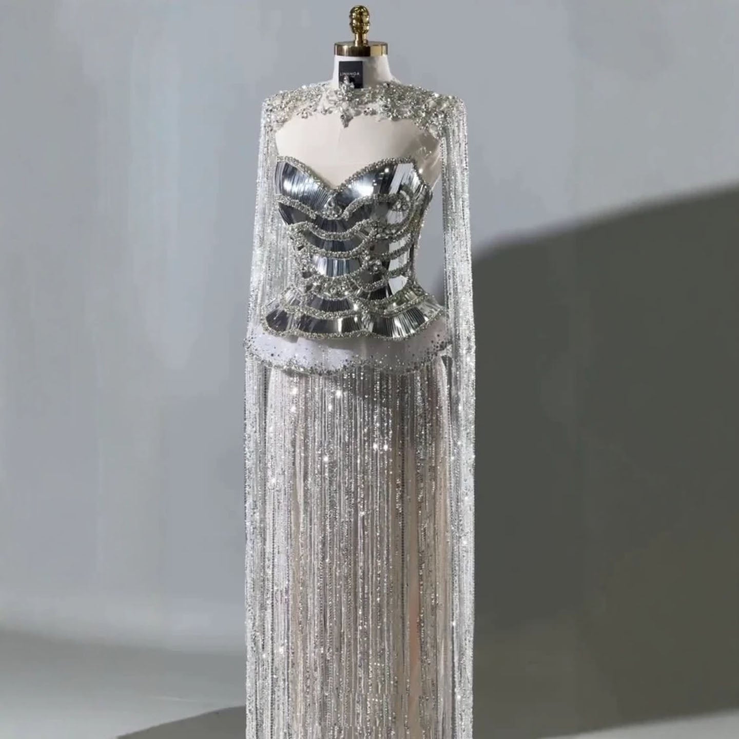 Luxury Silver High Neck Beaded Tassel Cape Evening Dress LA73896