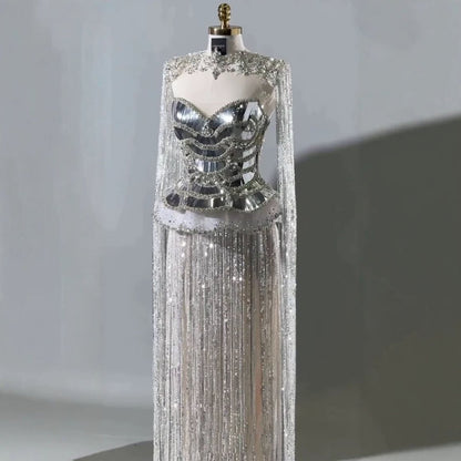 Luxury Silver High Neck Beaded Tassel Cape Evening Dress LA73896