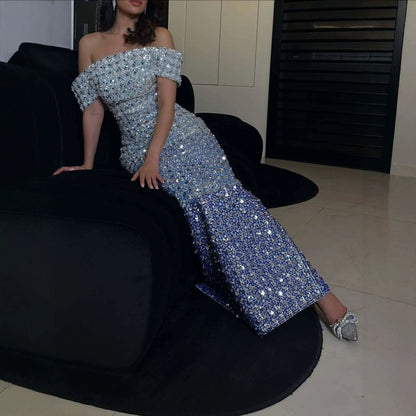 Luxury Blue Off Shoulder Sequined Beaded Mermaid Dress LA73897
