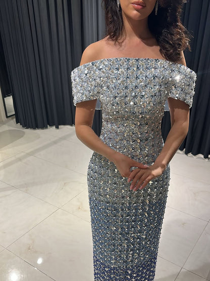 Luxury Blue Off Shoulder Sequined Beaded Mermaid Dress LA73897