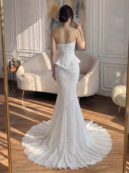Luxury White Pearls Lace Beaded Mermaid Evening Dress LA73899
