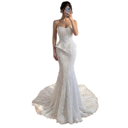 Luxury White Pearls Lace Beaded Mermaid Evening Dress LA73899